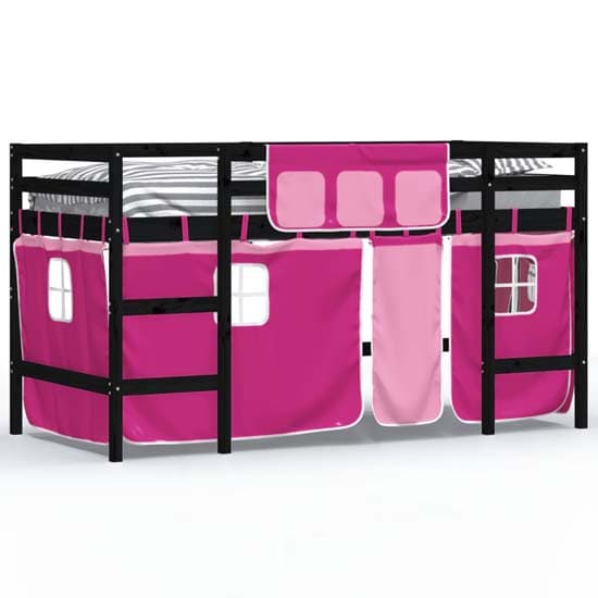 Messina Kids Pinewood Loft Bed In Black With Pink Curtains_2