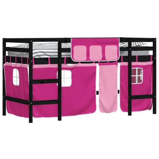 Messina Kids Pinewood Loft Bed In Black With Pink Curtains_3