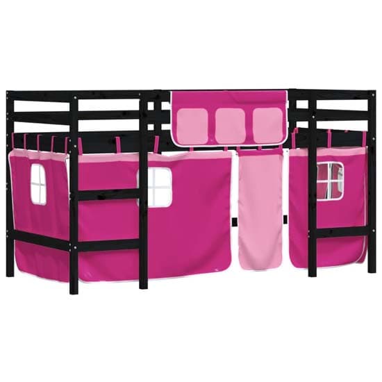 Messina Kids Pinewood Loft Bed In Black With Pink Curtains_4