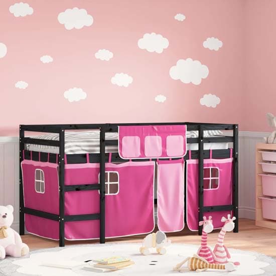 Messina Kids Pinewood Loft Bed In Black With Pink Curtains_1