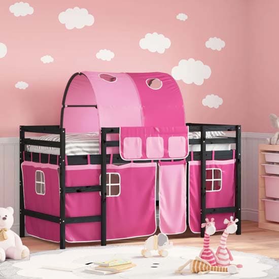 Messina Kids Pinewood Loft Bed In Black With Pink Tunnel_1