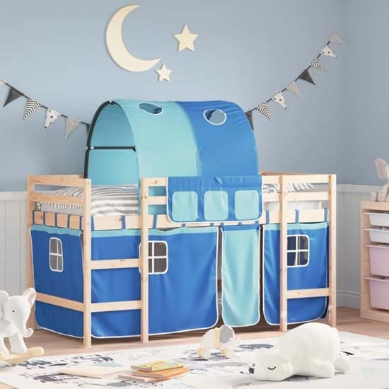 Messina Kids Pinewood Loft Bed In Natural With Blue Tunnel_1