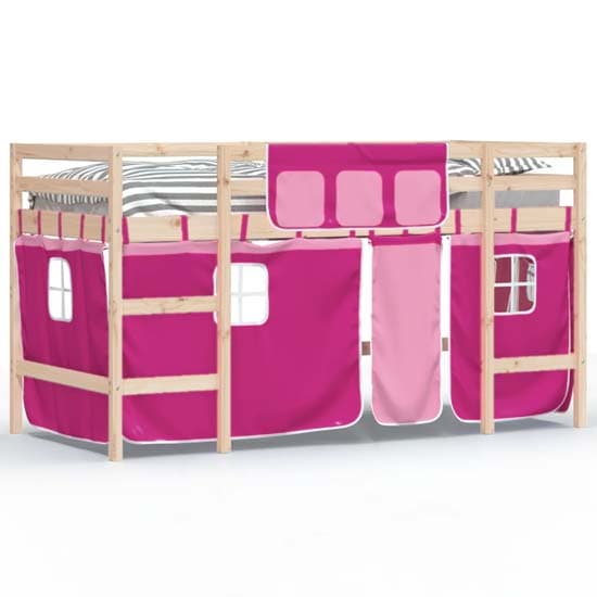 Messina Kids Pinewood Loft Bed In Natural With Pink Curtains_2