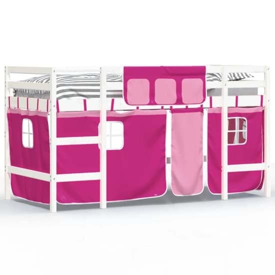 Messina Kids Pinewood Loft Bed In White With Pink Curtains_2