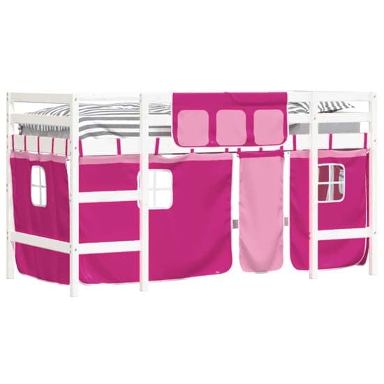 Messina Kids Pinewood Loft Bed In White With Pink Curtains_3