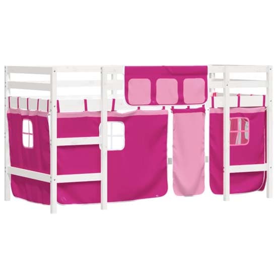 Messina Kids Pinewood Loft Bed In White With Pink Curtains_4