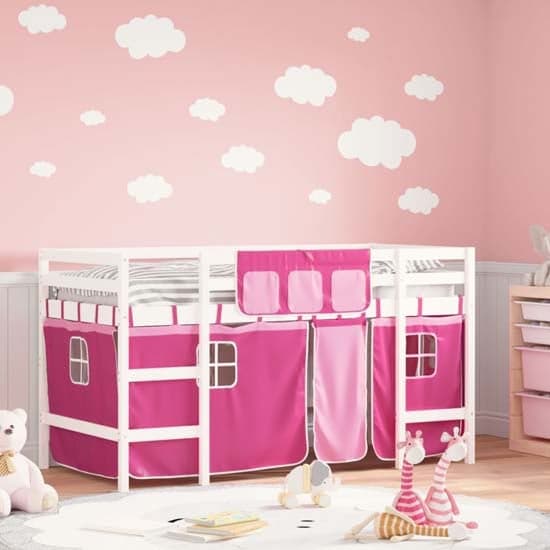 Messina Kids Pinewood Loft Bed In White With Pink Curtains_1