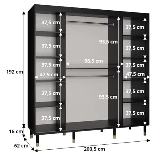 Metz II Mirrored Wardrobe With 2 Sliding Doors 200cm In Black_7