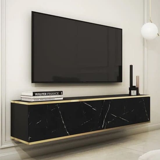 Mexico Floating Wooden TV Stand 2 Doors In Black Marble Effect_1