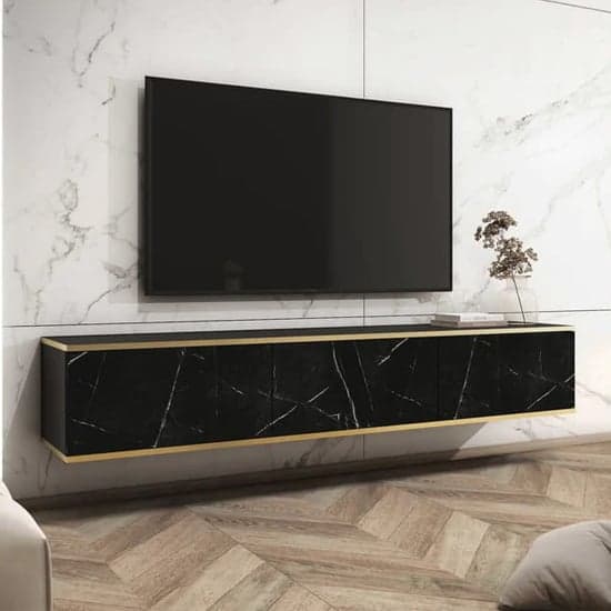 Mexico Floating Wooden TV Stand 3 Doors In Black Marble Effect_1