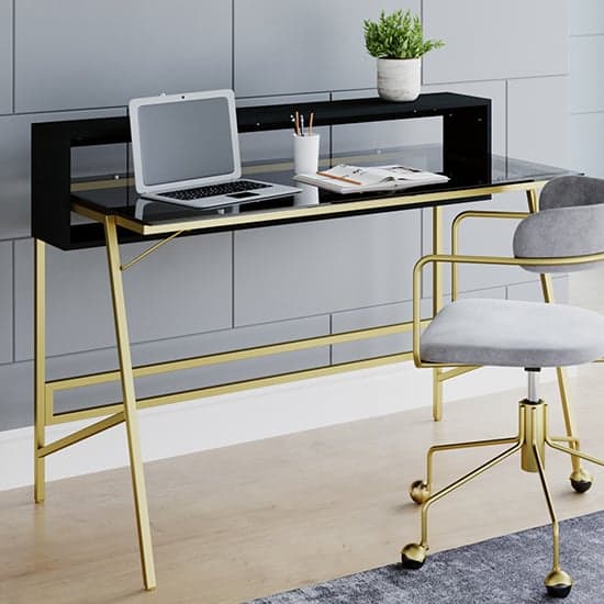 Mickley Smoked Glass Top Computer Desk With Gold Frame