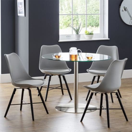 Magali Glass Dining Set With 4 Kaili Grey Leather Chairs