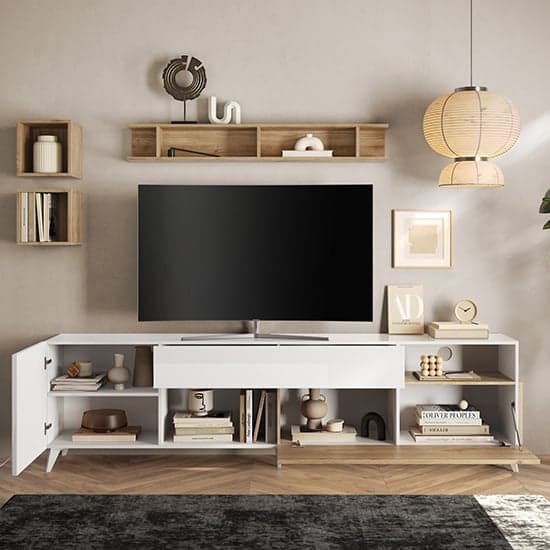 Milan High Gloss TV Stand Large With 2 Doors In White Cadiz Oak_2