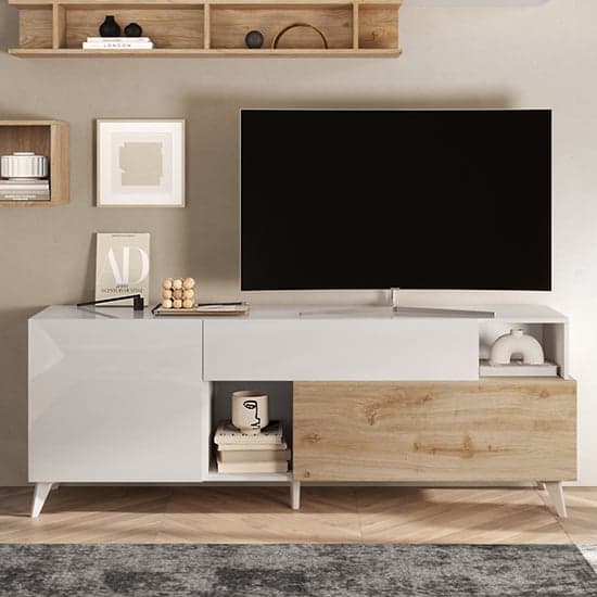 Milan High Gloss TV Stand Small With 2 Doors In White Cadiz Oak_1