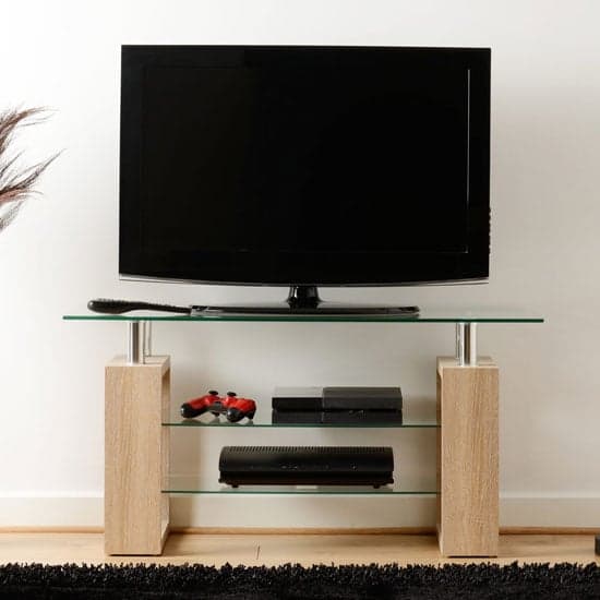 Medrano TV Unit In Sonoma Oak With Clear Glass Top_1