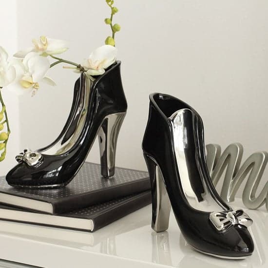 Milano Ceramic Set Of 2 High Heel Vases In Black And Silver