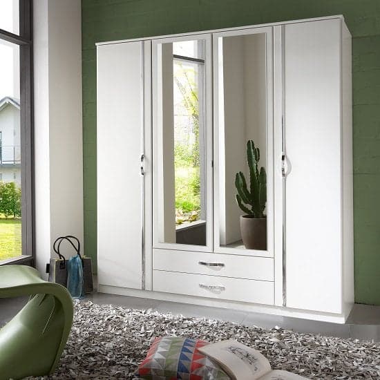 Milden Mirrored Wardrobe Large In White With 4 Doors