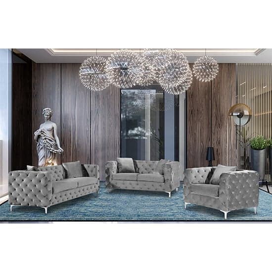 Mills Velour Fabric 2 Seater And 3 Seater Sofa In Silver_2