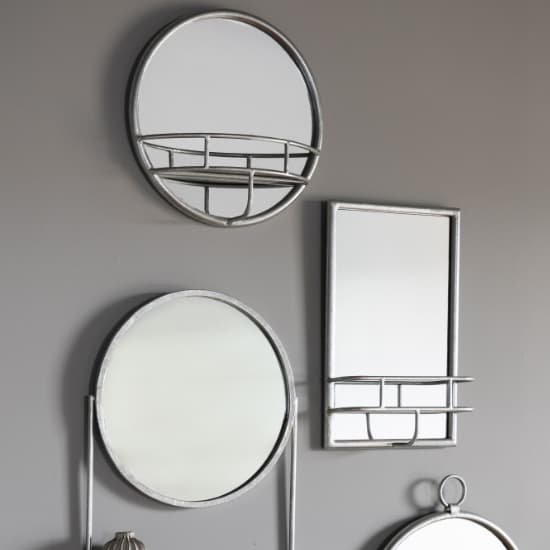 Millan Round Bathroom Mirror With Shelf In Silver Frame Furniture in