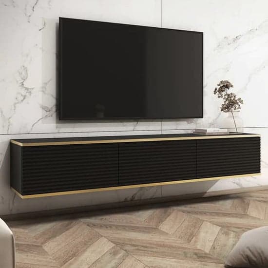Minsk Floating Wooden TV Stand With 3 Doors In Black_1