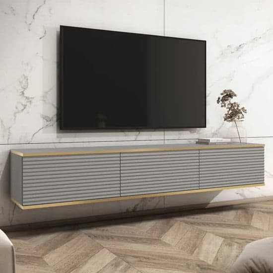 Minsk Floating Wooden TV Stand With 3 Doors In Grey_1