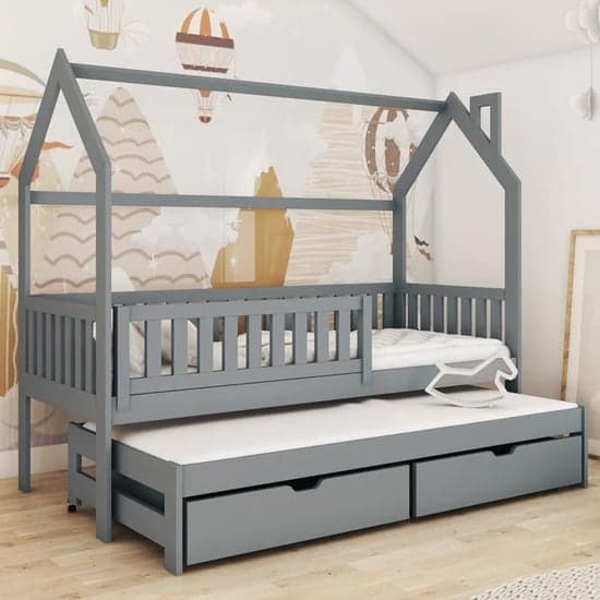 Minsk Trundle Wooden Single Bed In Graphite With Foam Mattress_1