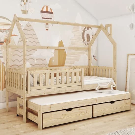 Minsk Trundle Wooden Single Bed In Pine With Bonnell Mattress_1