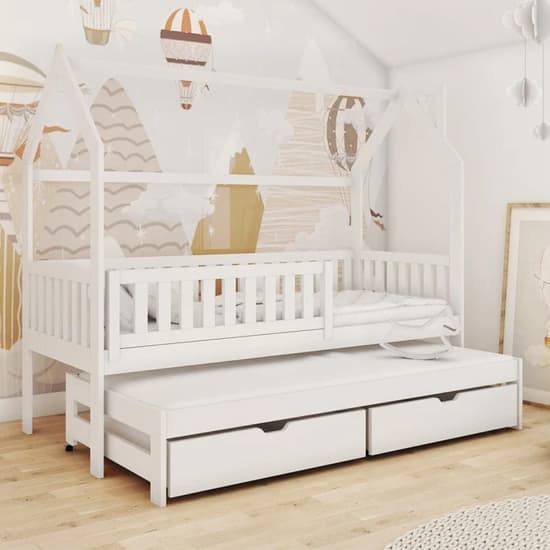 Minsk Trundle Wooden Single Bed In White With Foam Mattress_1