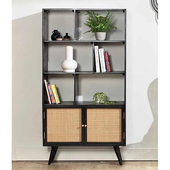 Mixco Wooden Bookshelf With Open Shelves And 2 Doors In Black