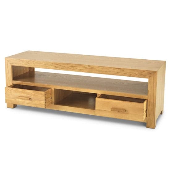 Modals Wooden Large TV Unit In Light Solid Oak With 2 Drawers_2