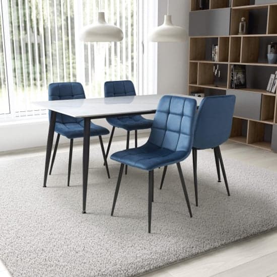 Modico 1.6m White Ceramic Dining Table With 4 Massa Blue Chairs_1