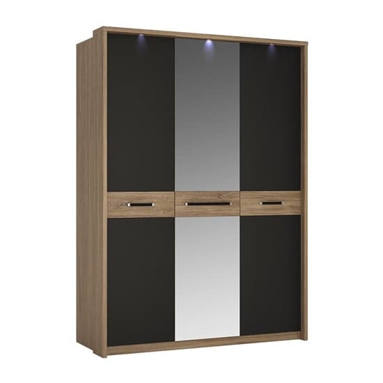 Moneti LED Mirrored 3 Doors Wardrobe In Oak And Matt Black_1
