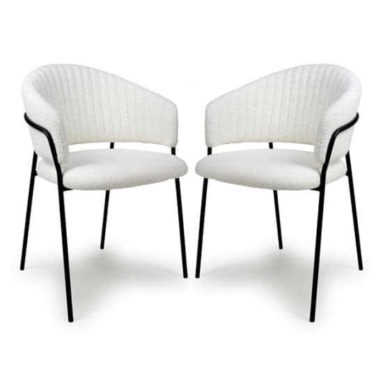 Monza White Boucle Fabric Dining Chairs With Black Legs In Pair_1