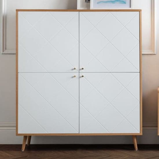Madra Wooden Highboard In White And Oak Effect With 4 Doors_1