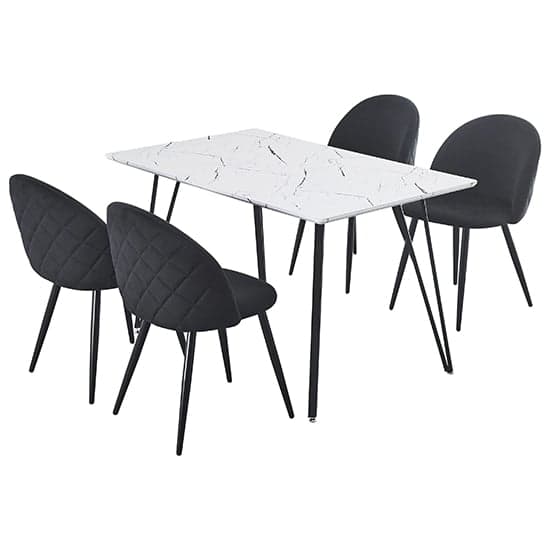 Muirkirk White Marble Effect Dining Table 4 Black Velvet Chairs_1