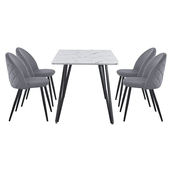 Muirkirk White Marble Effect Dining Table 4 Grey Velvet Chairs_2