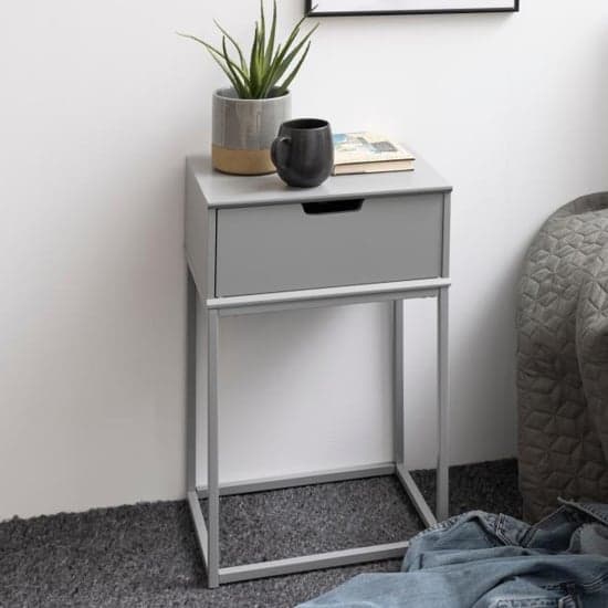 Mulvane Wooden Bedside Table With Metal Frame In Grey_1