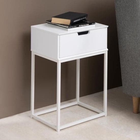 Mulvane Wooden Bedside Table With Metal Frame In White_1