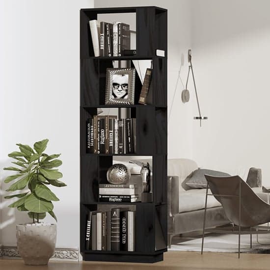 Nadav Solid Pine Wood Bookcase And Room Divider In Black_1