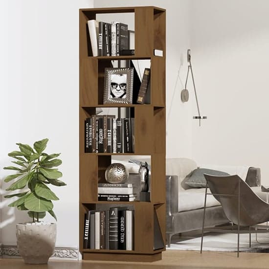 Nadav Solid Pine Wood Bookcase And Room Divider In Honey Brown_1