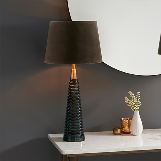 Naia Mocca Velvet Shade Table Lamp In Teal Ribbed Glass_4