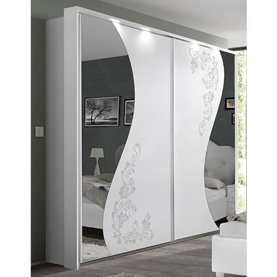 Naihati Mirrored Wooden Sliding Wardrobe In White With LED_1
