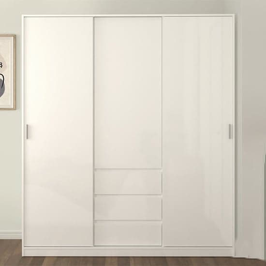 Nakou High Gloss Sliding Wardrobe 3 Doors 3 Drawers In White_1