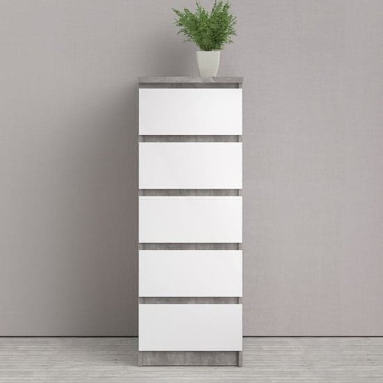 Nakou Narrow High Gloss Chest Of 5 Drawers In Concrete And White_1