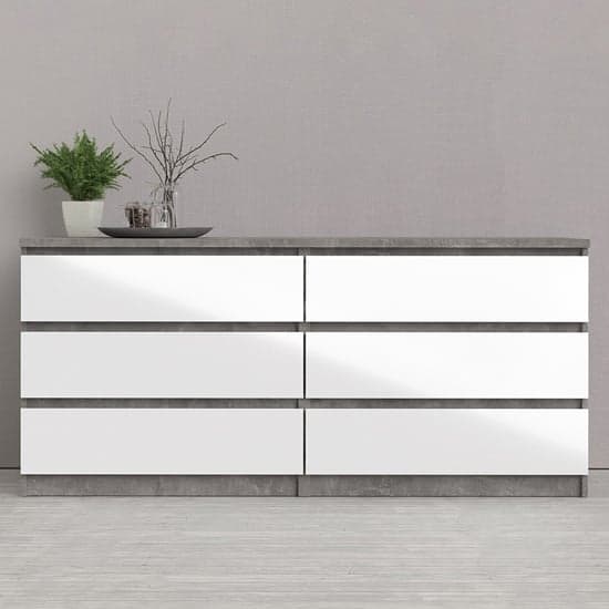 Nakou Wide High Gloss Chest Of 6 Drawers In Concrete And White_1