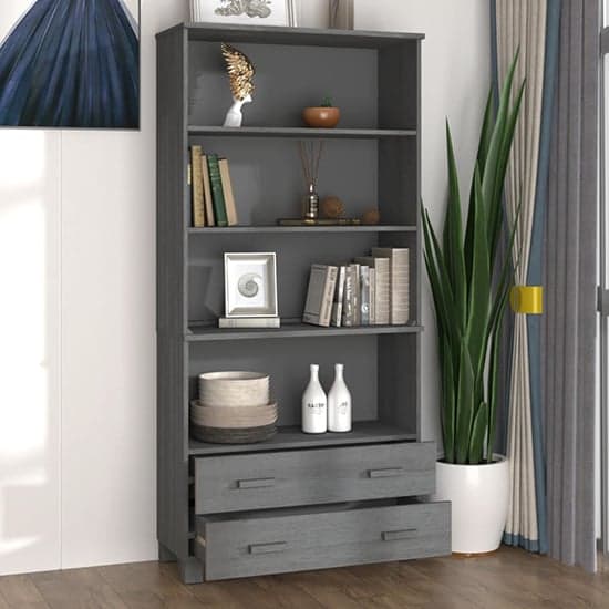 Nalren Solid Pinewood Bookcase With 2 Drawers In Dark Grey_2