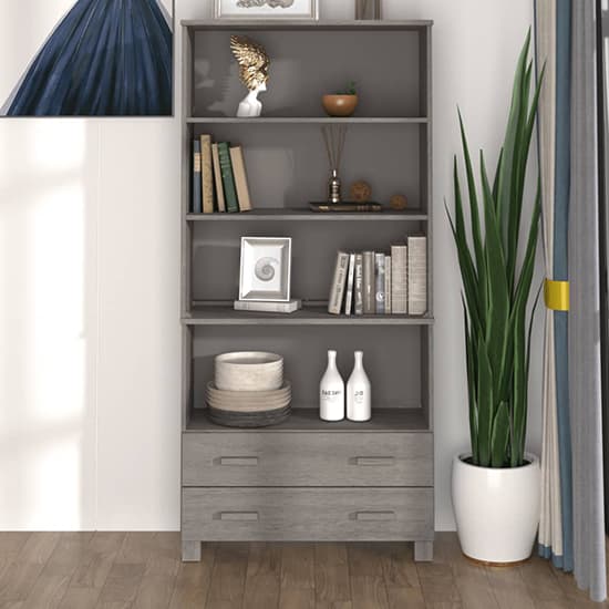 Nalren Solid Pinewood Bookcase With 2 Drawers In Light Grey_1