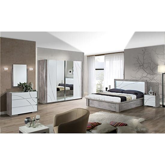 Namilon LED Wooden Double Bed In White And Grey Marble Effect_2