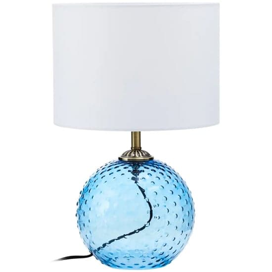 Naxos White Fabric Shade Table Lamp With Blue Glass Globe Base_1