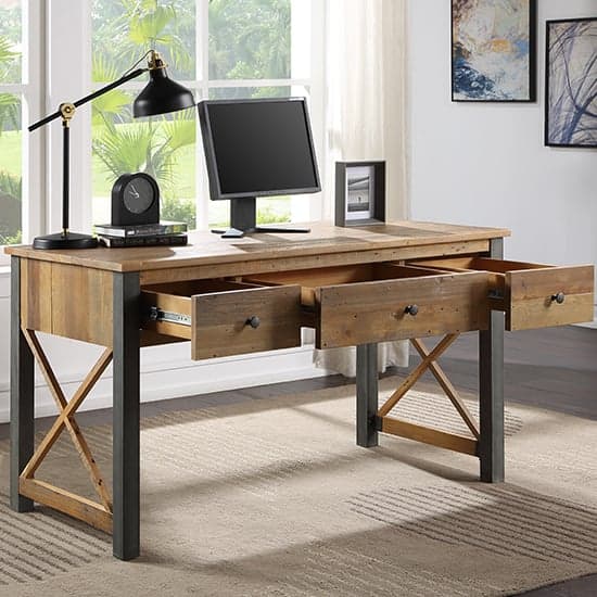 Nebura Wooden 3 Drawer Computer Desk In Reclaimed Wood_2